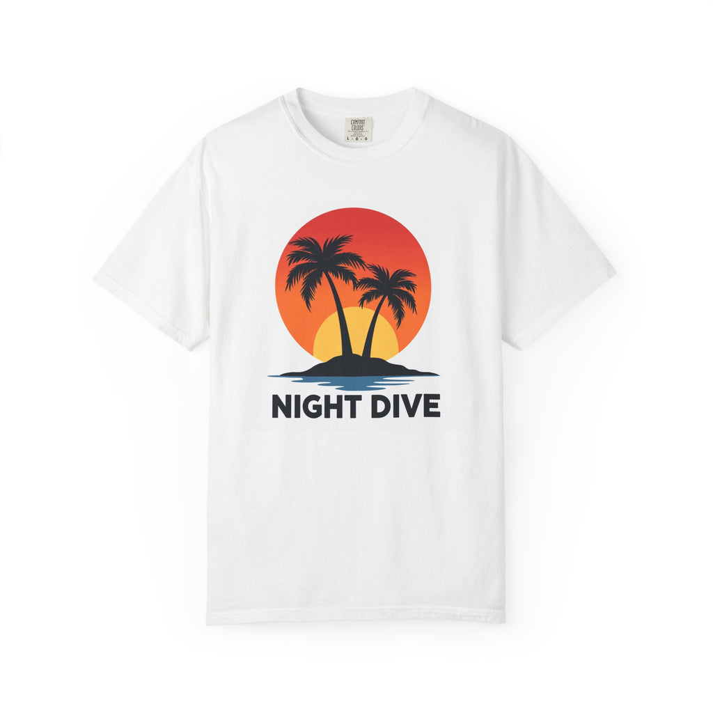 Night Dive Palm Beach T-Shirt — Retro Sunset Tropical Tee