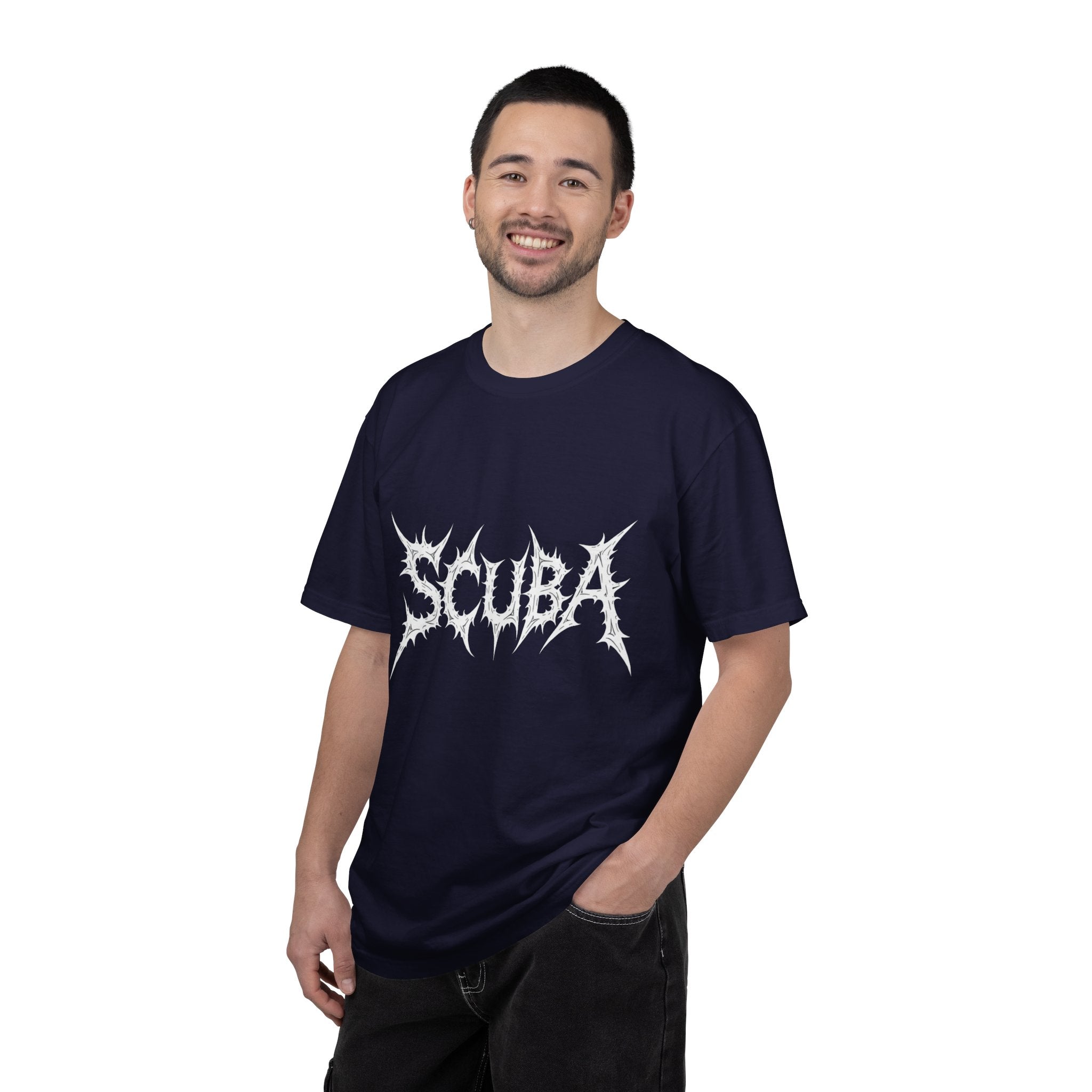 Skull Script Scuba Tee — White Graphic T-Shirt with 'SCUBA' Bone Lettering