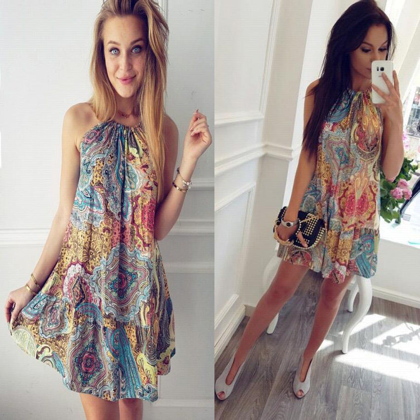 Bohemian Ocean Print Beach Dress – Flowy Coverup for Women