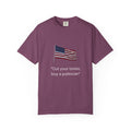 Political Graphic Tee — "Cut Your Taxes, Buy a Politician" American Flag Shirt