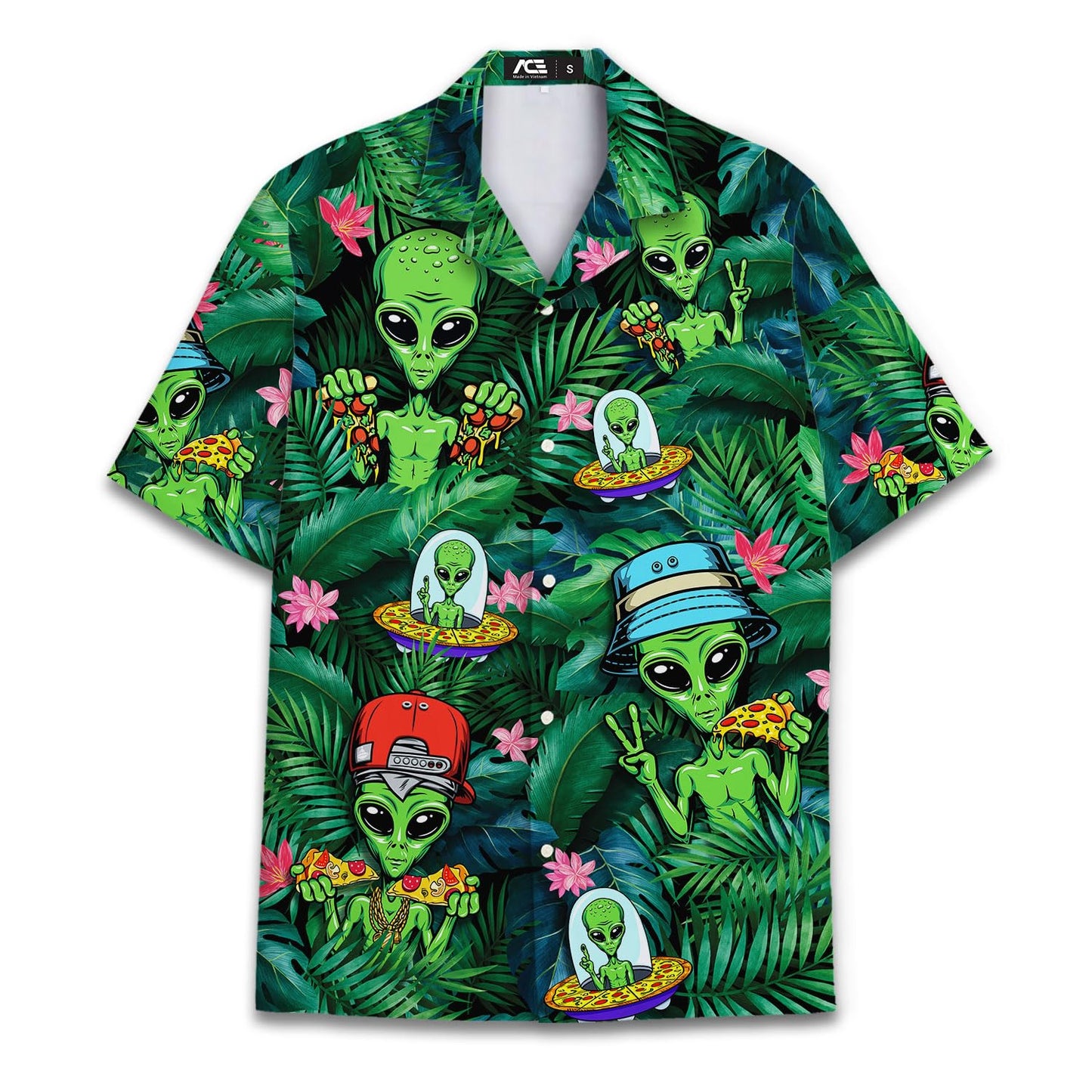 Funny Tropical Pizza Alien Hawaiian Shirt for Men Aloha Aliens UFO Mens Hawaiian Shirts Short Sleeve Button Down Shirt