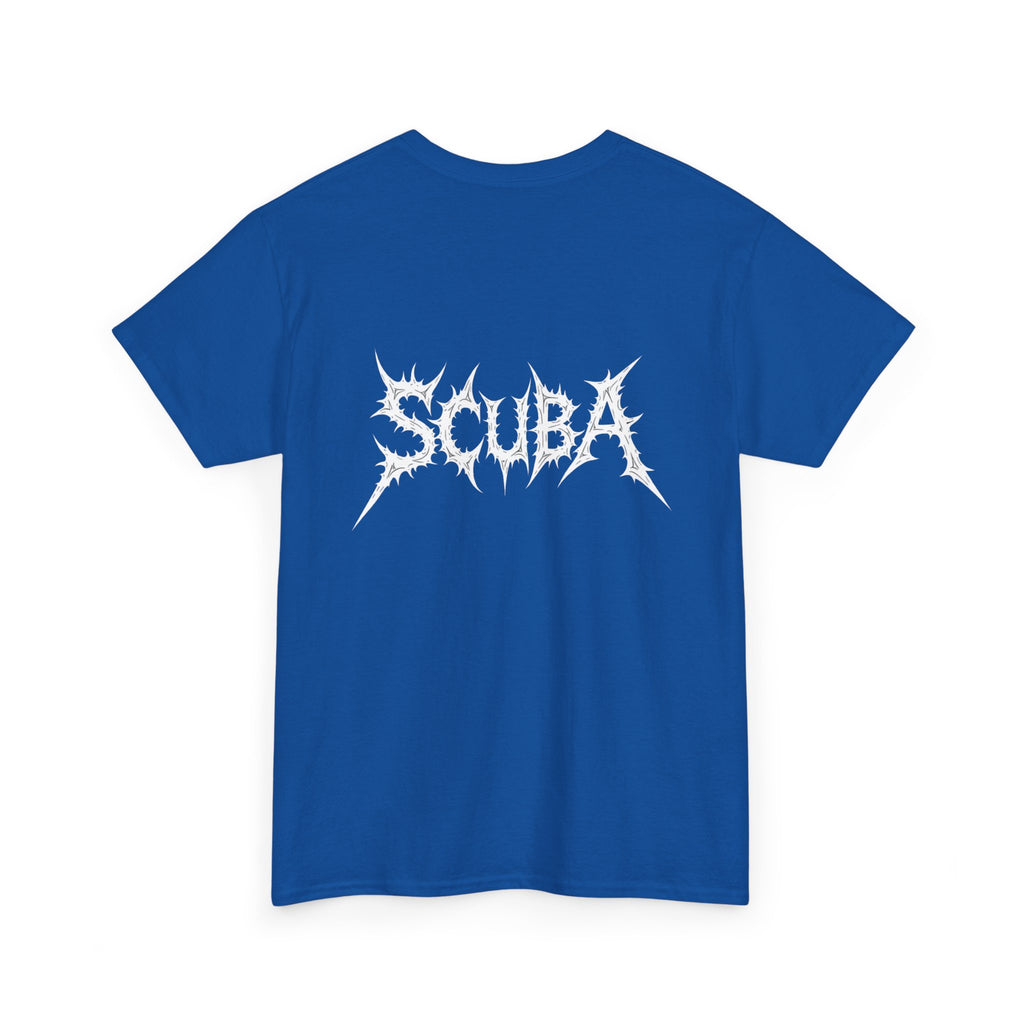 Skull Script Scuba Tee — White Graphic T-Shirt with 'SCUBA' Bone Lettering