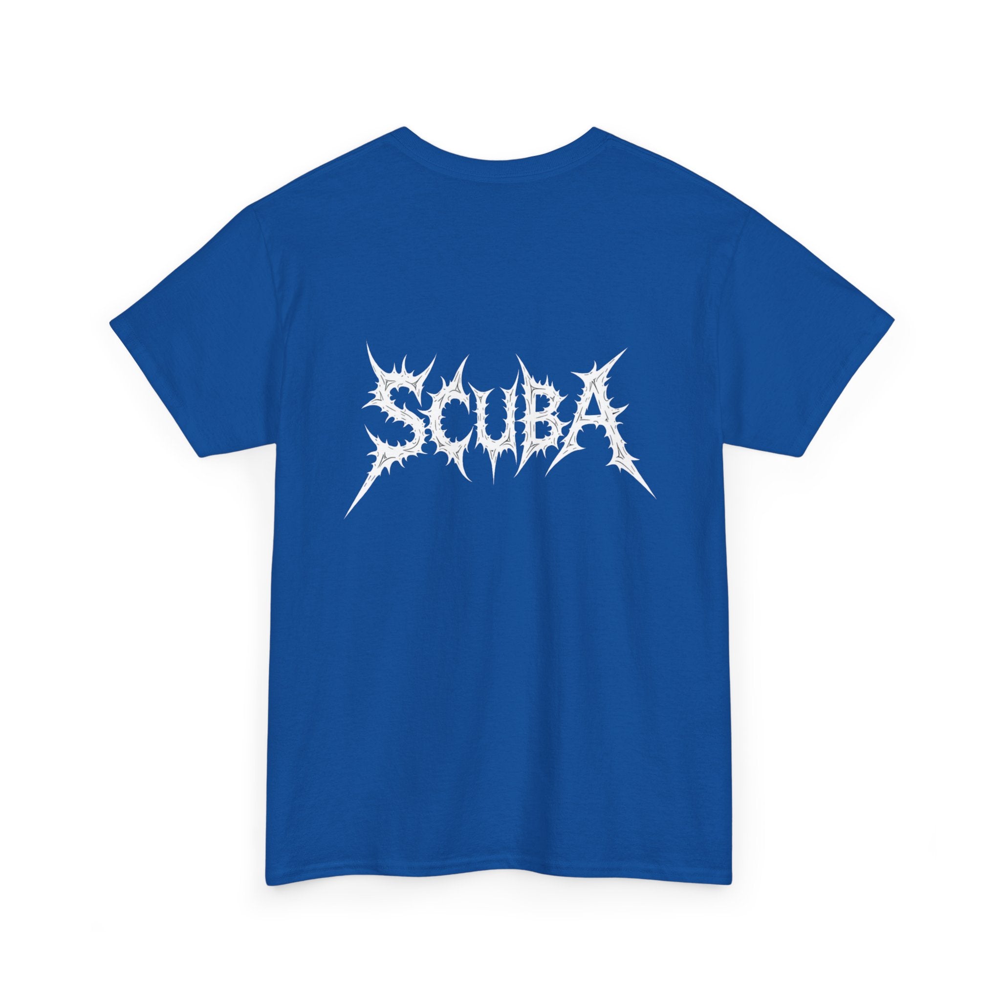 Skull Script Scuba Tee — White Graphic T-Shirt with 'SCUBA' Bone Lettering