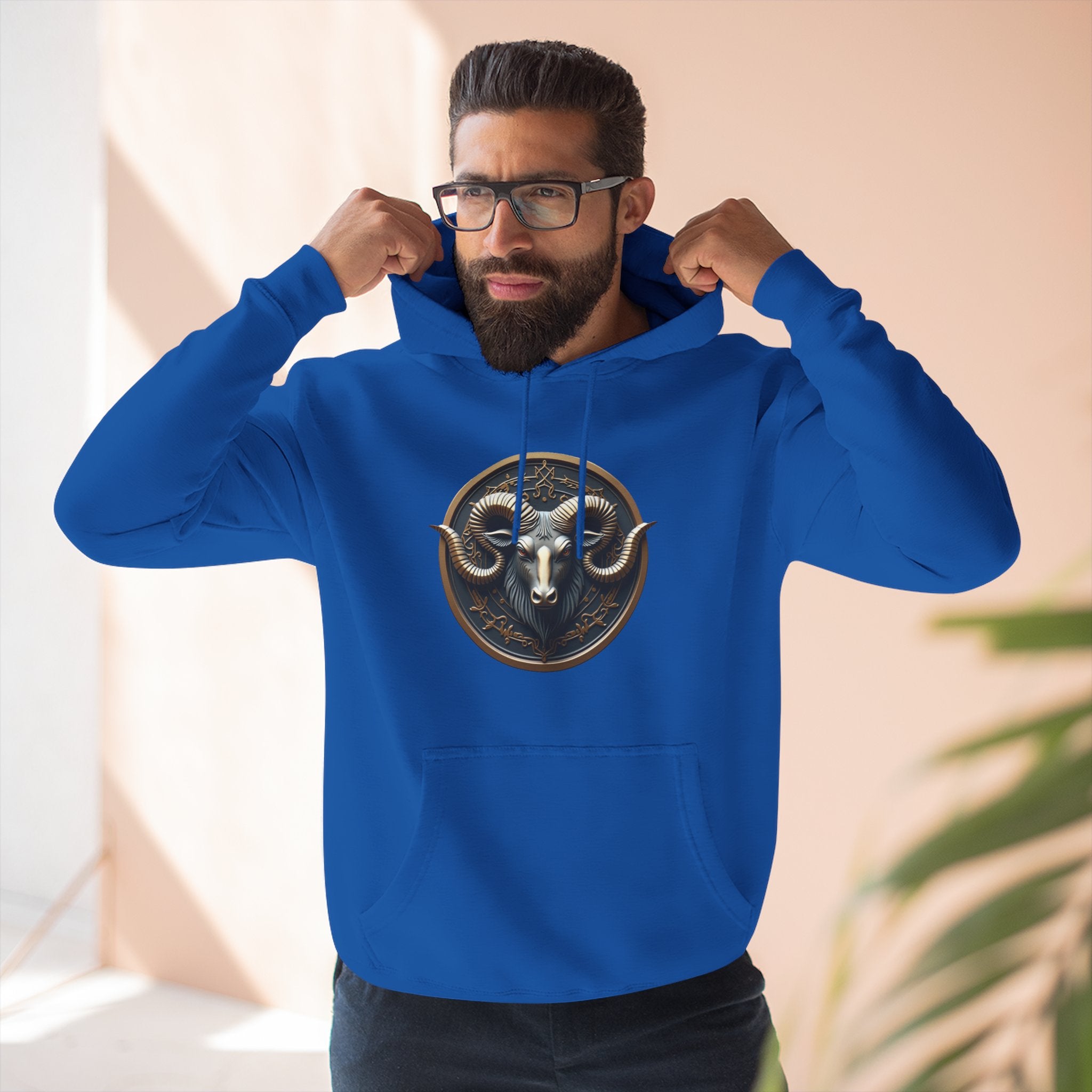 Ram Head Medallion Hoodie — Brass Zodiac/Buckram Graphic