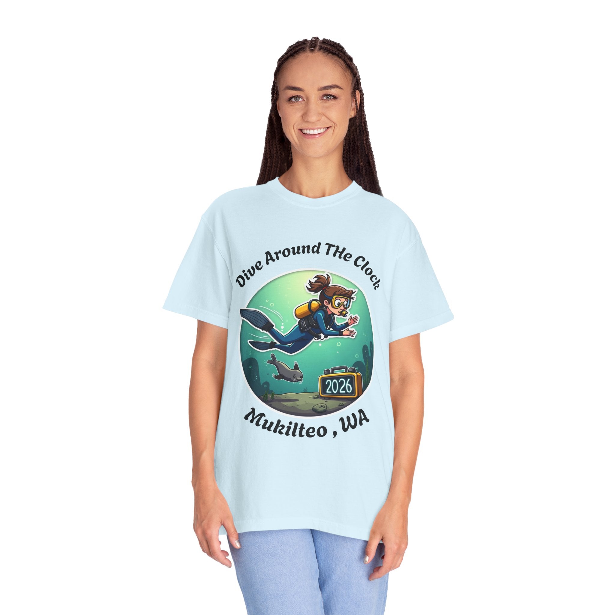 Dive Around the Clock Mukilteo WA T-Shirt — Scuba Diver & Seal Design