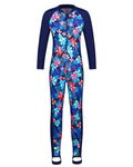TFJH E Girls Long Sleeve Rash Guard One-Piece Swimsuit – UPF 50+, Footed, Navy Flower (Size 116/122)
