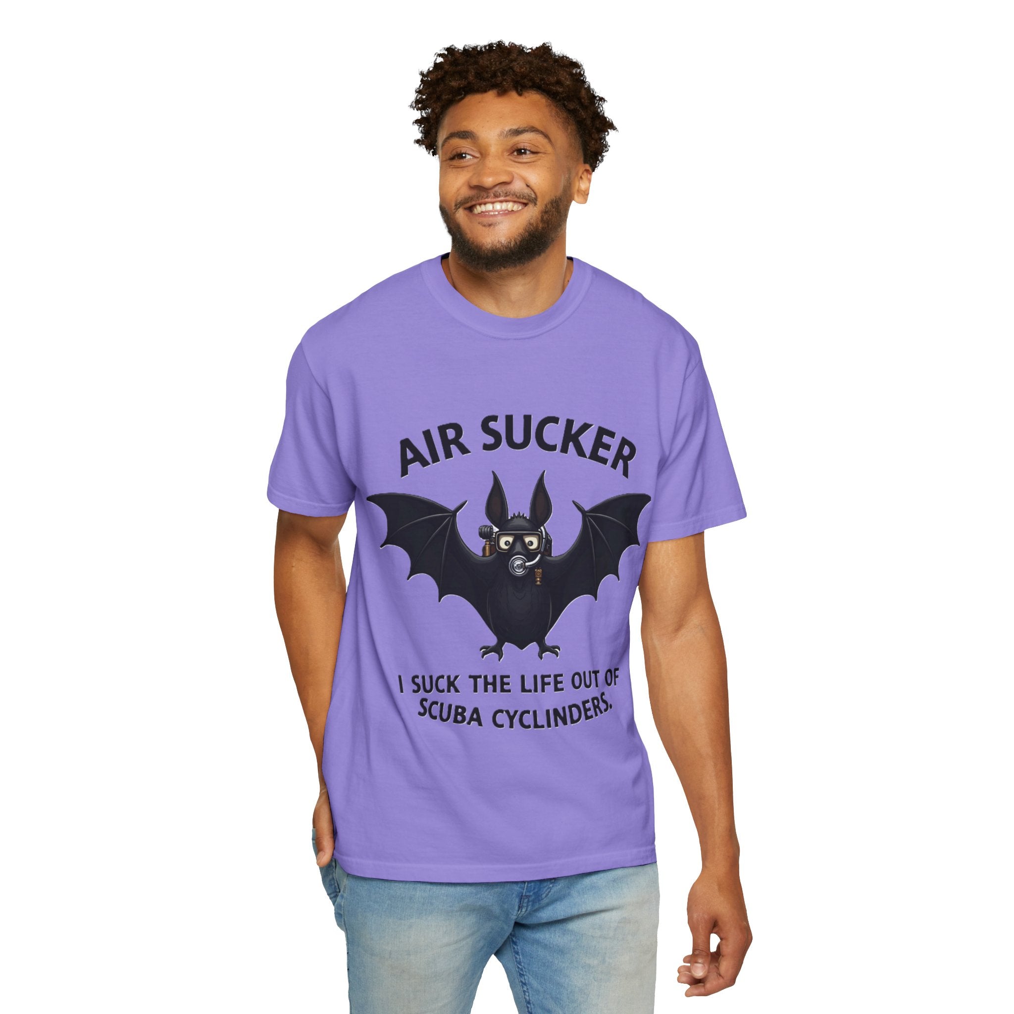 Air Sucker Bat Tee — Funny Scuba Diving T-Shirt (“I suck the life out of scuba cyclinders”)