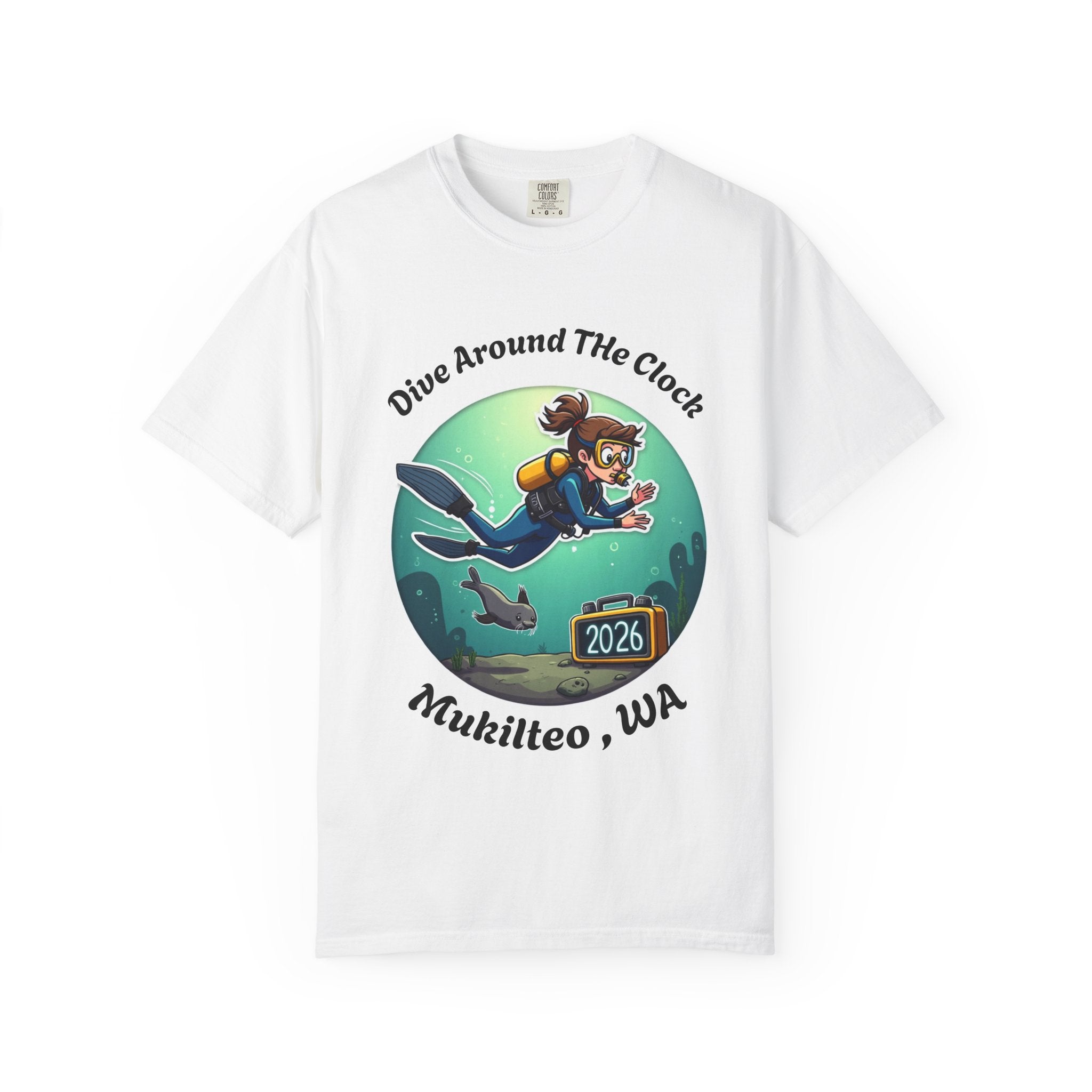 Dive Around the Clock Mukilteo WA T-Shirt — Scuba Diver & Seal Design