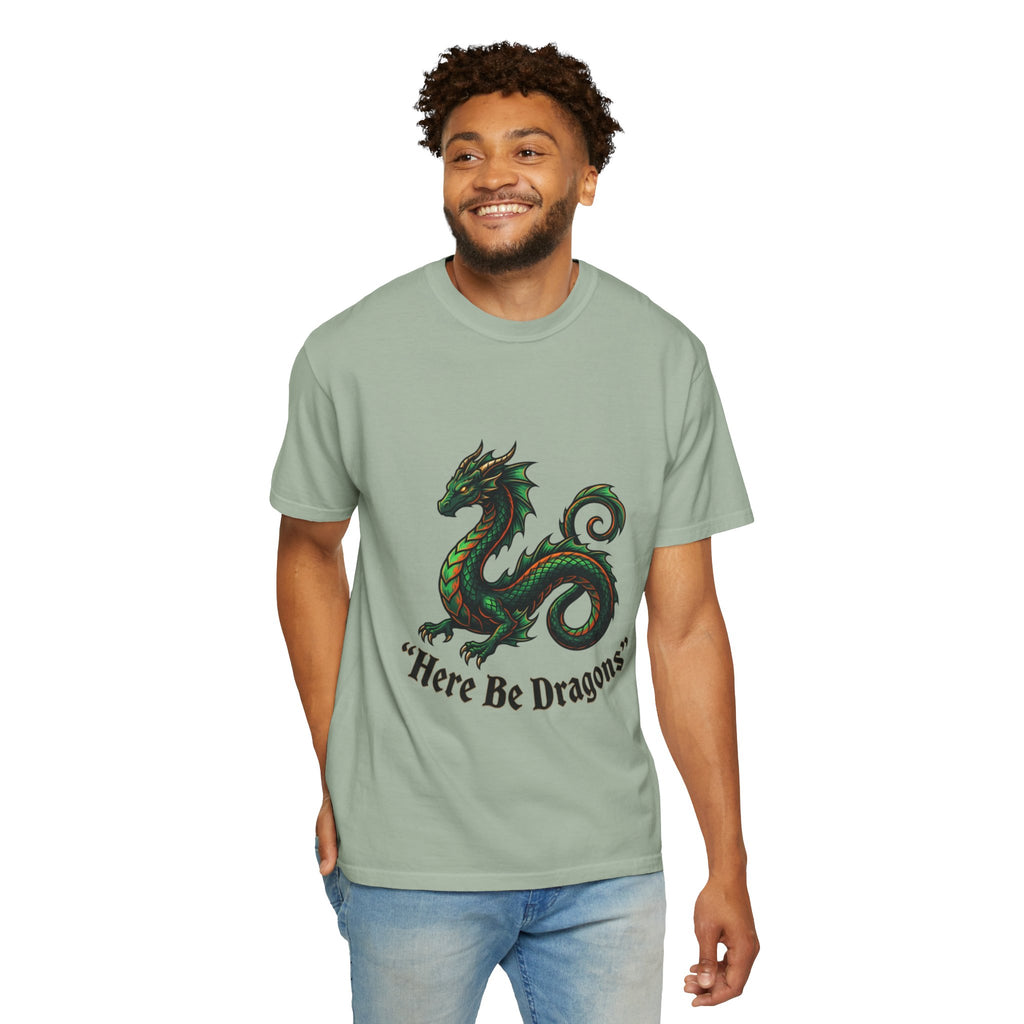Dragon Graphic T-Shirt — "Here Be Dragons" Fantasy Tee