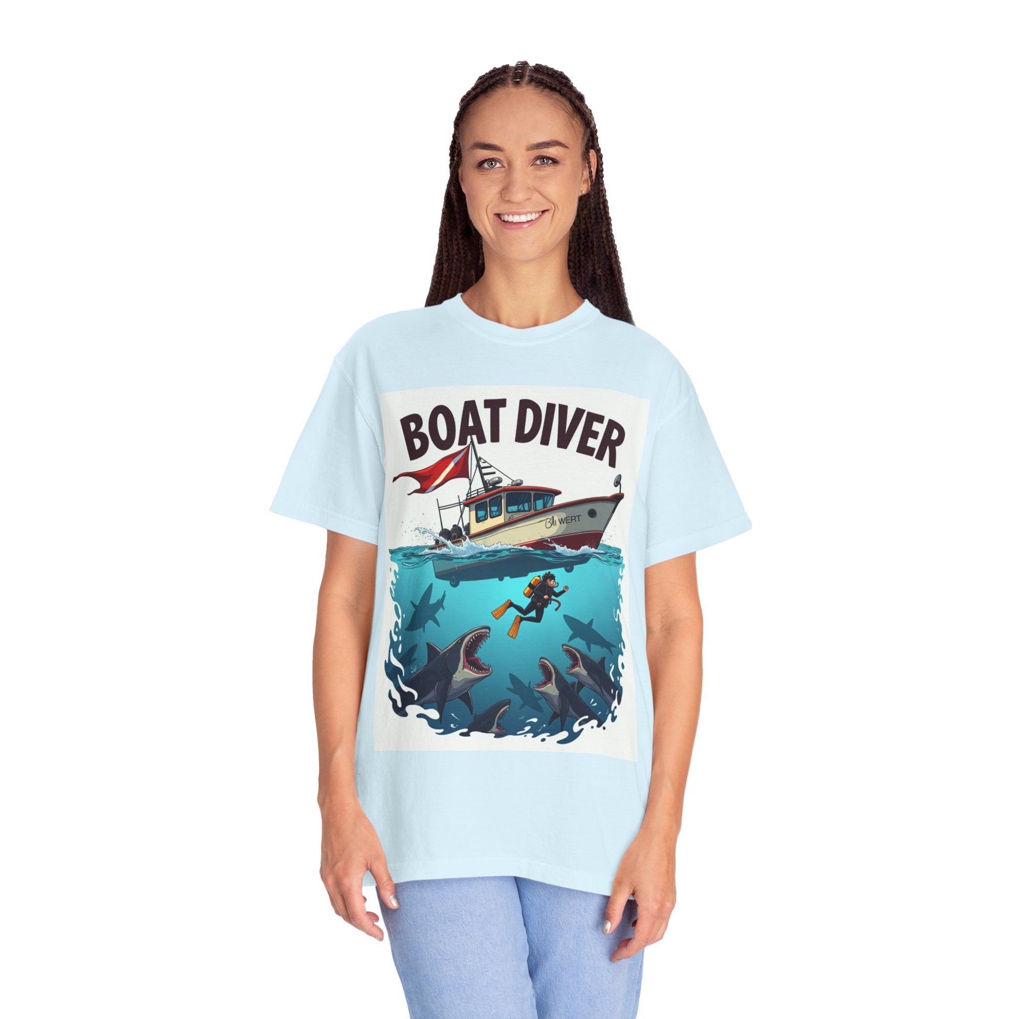 Boat Diver T‑Shirt – Scuba Diving Graphic Tee with Boat and Underwater Scene