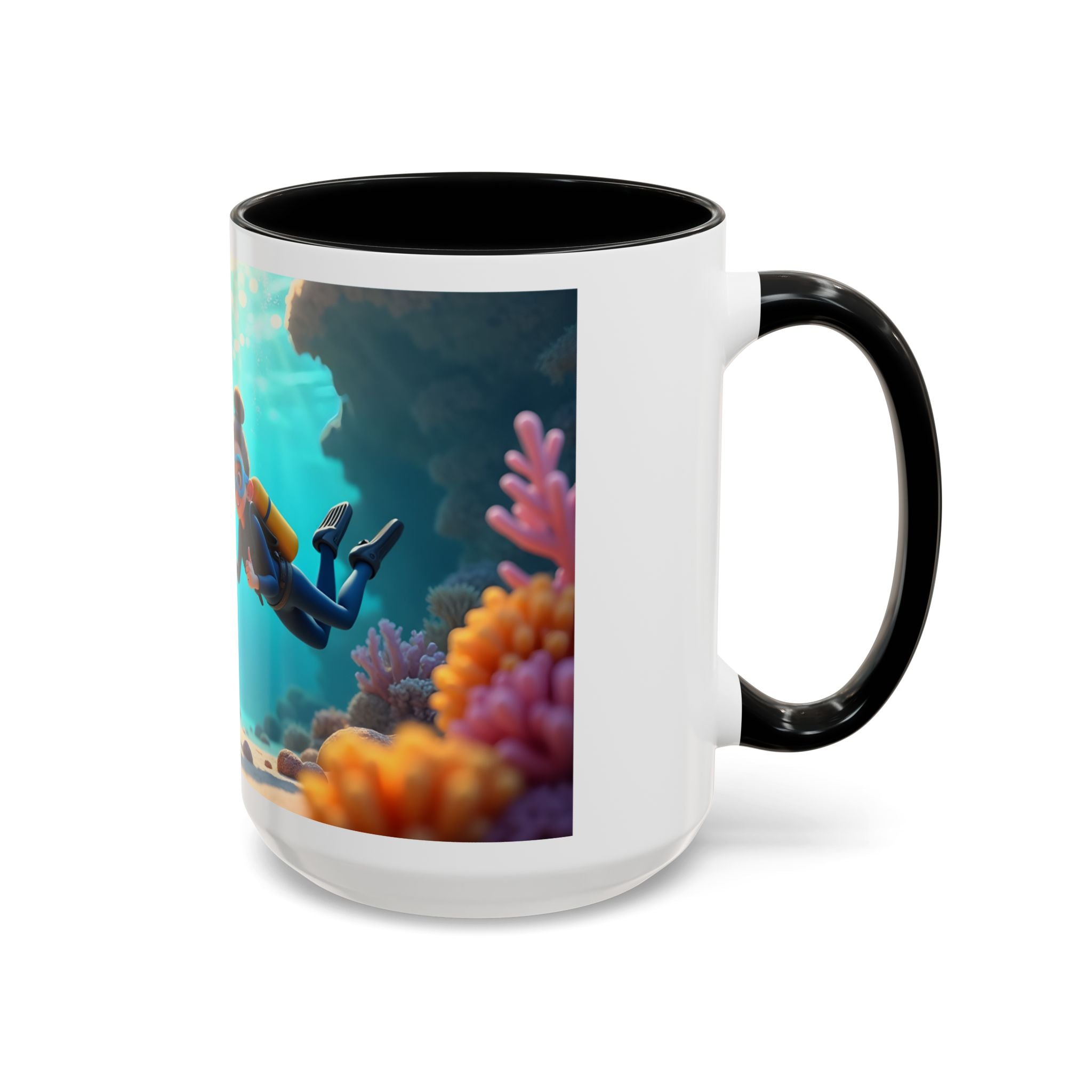Scuba Diving Couple Accent Coffee Mug — Underwater Coral Reef Design (11/15 oz)