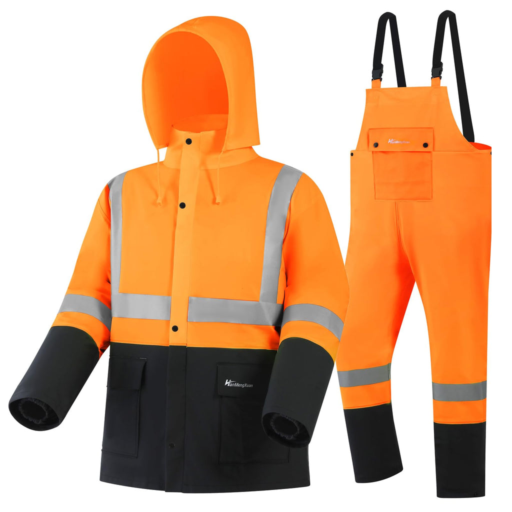 Rain Gear for Men Waterproof Heavy Duty Safety Rain Suit - Jacket and Pants Outdoor Work Fishing Rain Coat(OrangeXX-Large)