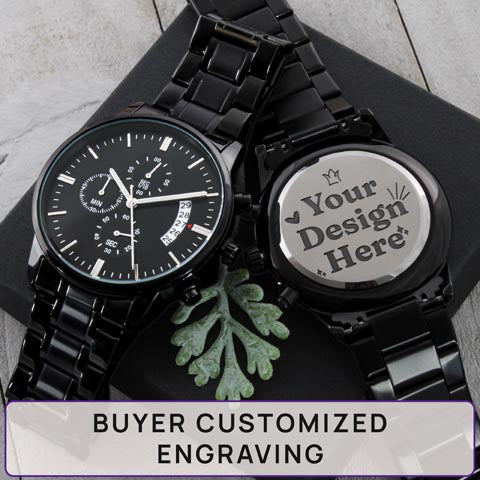 Customizable Engraved Black Chronograph Watch – Personalized Gift for Him