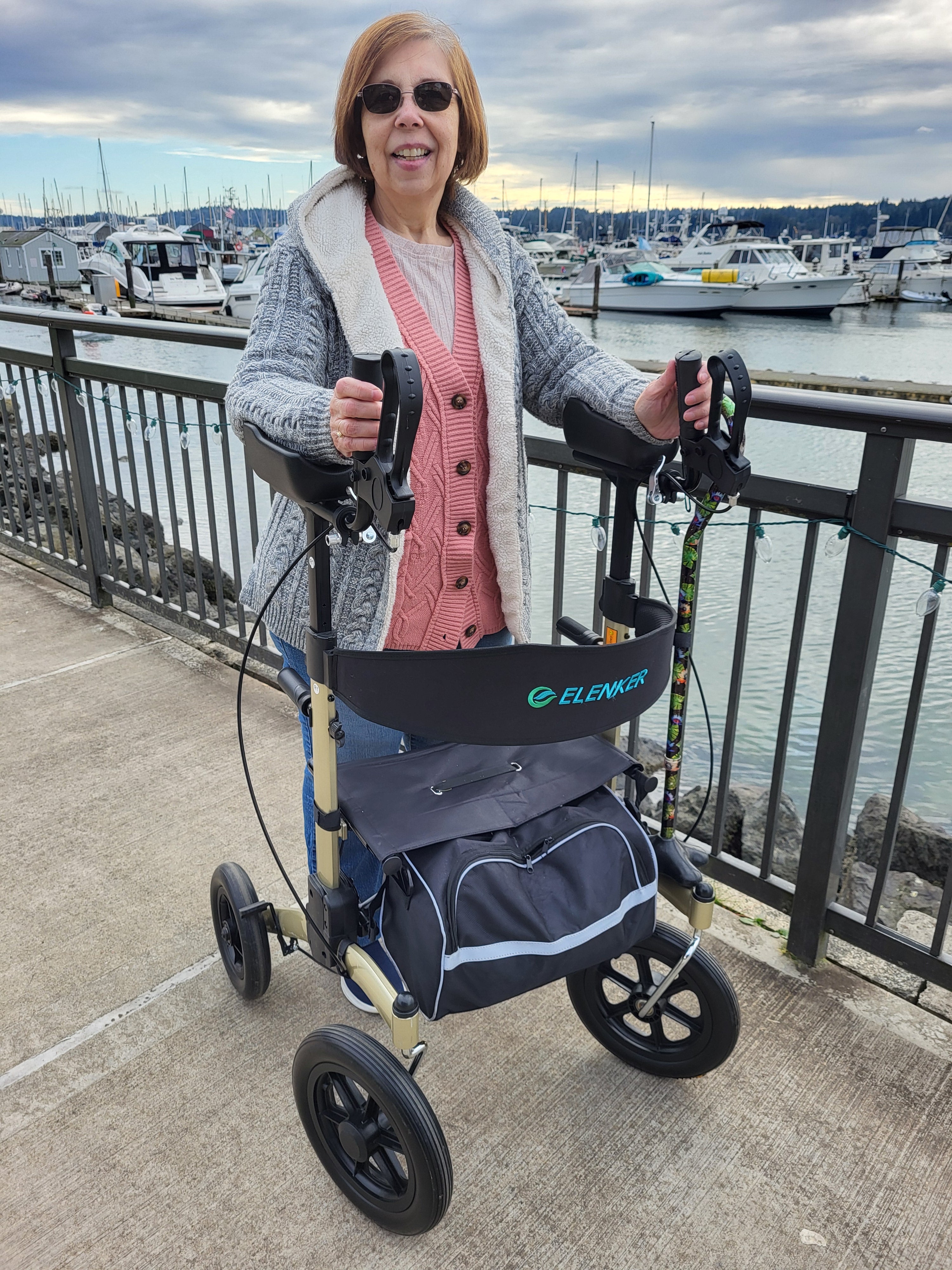 ELENKER All-Terrain Upright Rolling Walker with Seat 12" Wheels Compact Folding Design — Purple