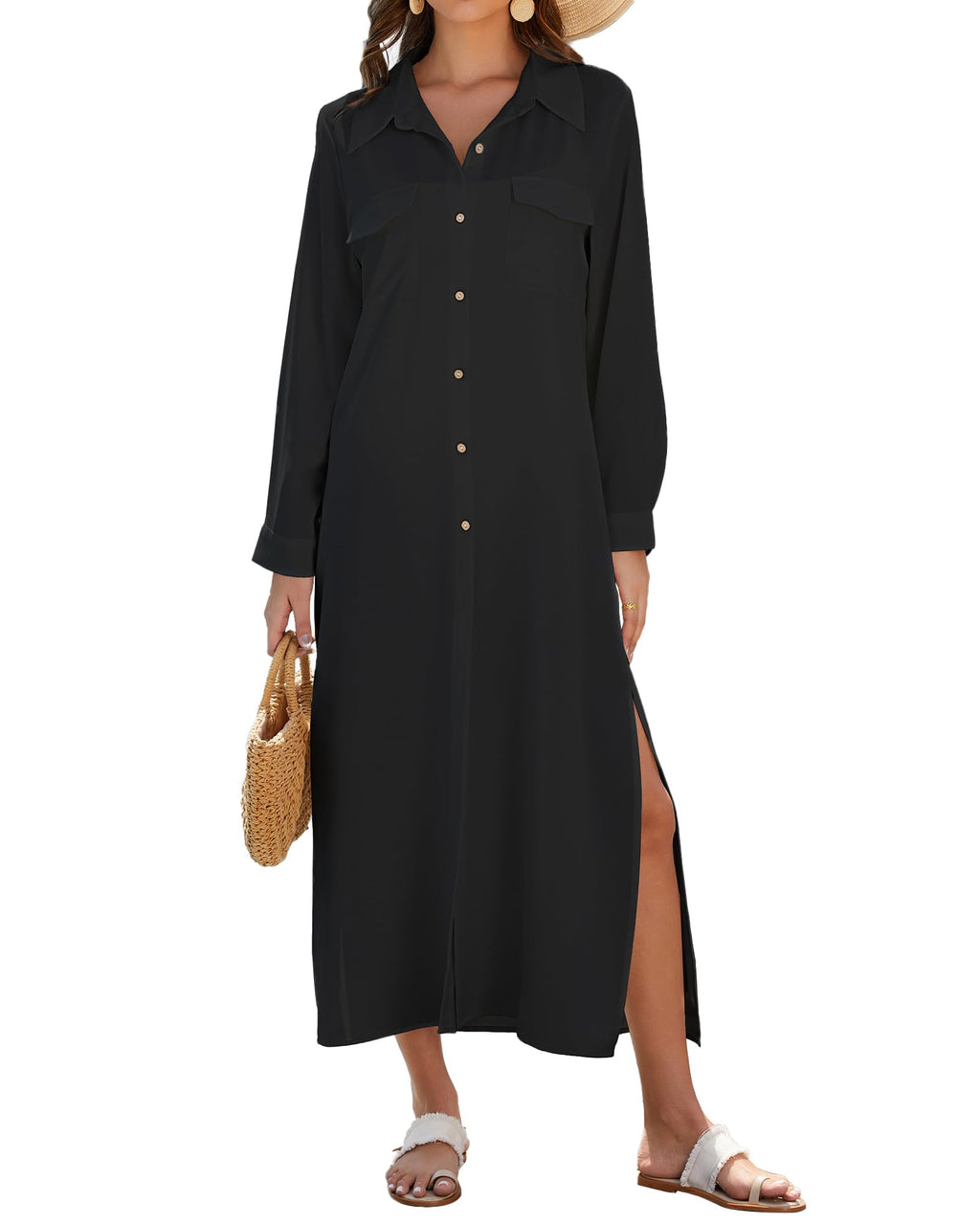Bsubseach Womens Swimwear Cover Ups Long Sleeve Button Shirt Dress Beach Cover Up Kimono Beachwear Black M