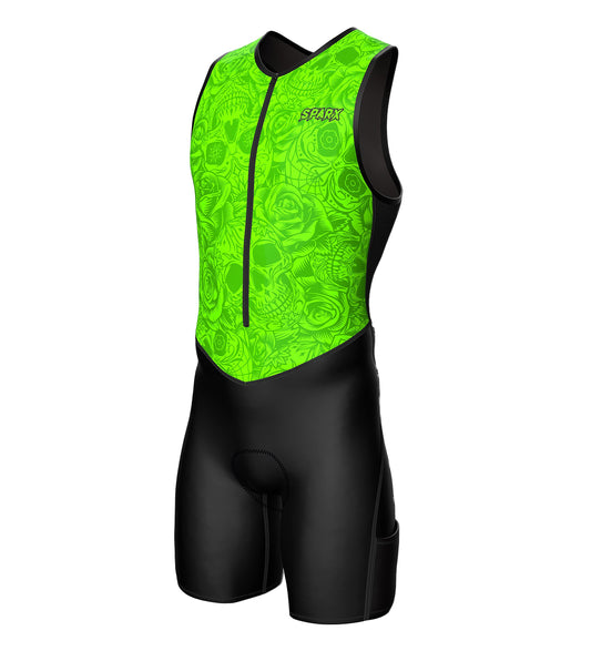 Sparx Mens Premium Triathlon Suit Padded Triathlon Tri Suit Race Suit Swim Bike Run (XtremeSkulls S)