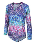Girls Long Sleeve Rash Guard One-Piece Swimsuit – Zipper Front, Bubble Mermaid (Size 14–16)