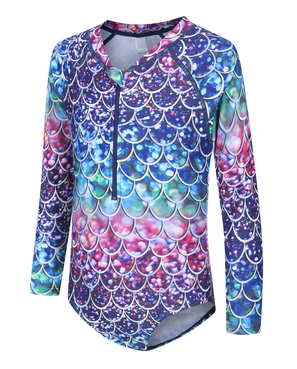Girls Long Sleeve Rash Guard One-Piece Swimsuit – Zipper Front, Bubble Mermaid (Size 14–16)