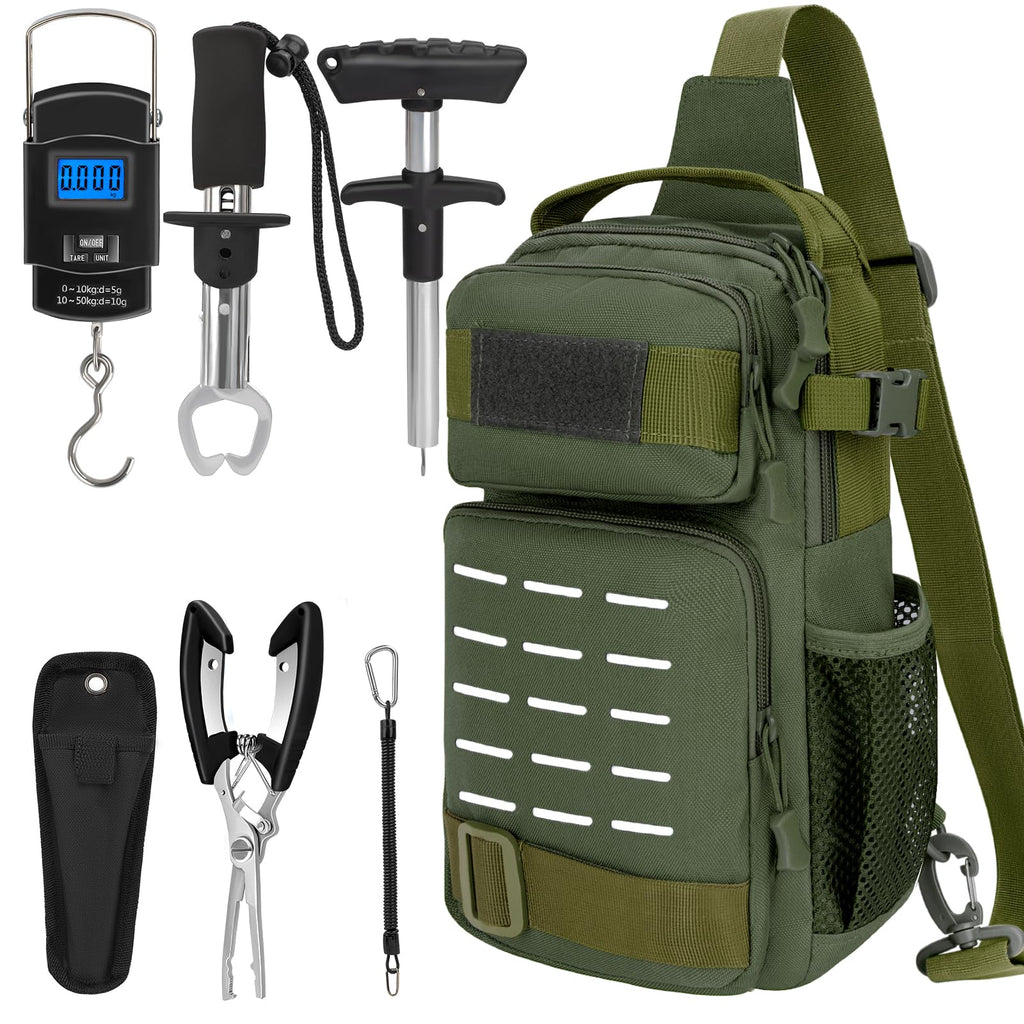 THKFISH 7 Pcs Fishing Tool Kit Tactical Fishing Sling Tackle Bag with Fishing Pliers Tackle Kits Fish Hook Remover Tools Fish Plier with Sheath and Tool Lanyards Digital Fishing Weight Scale