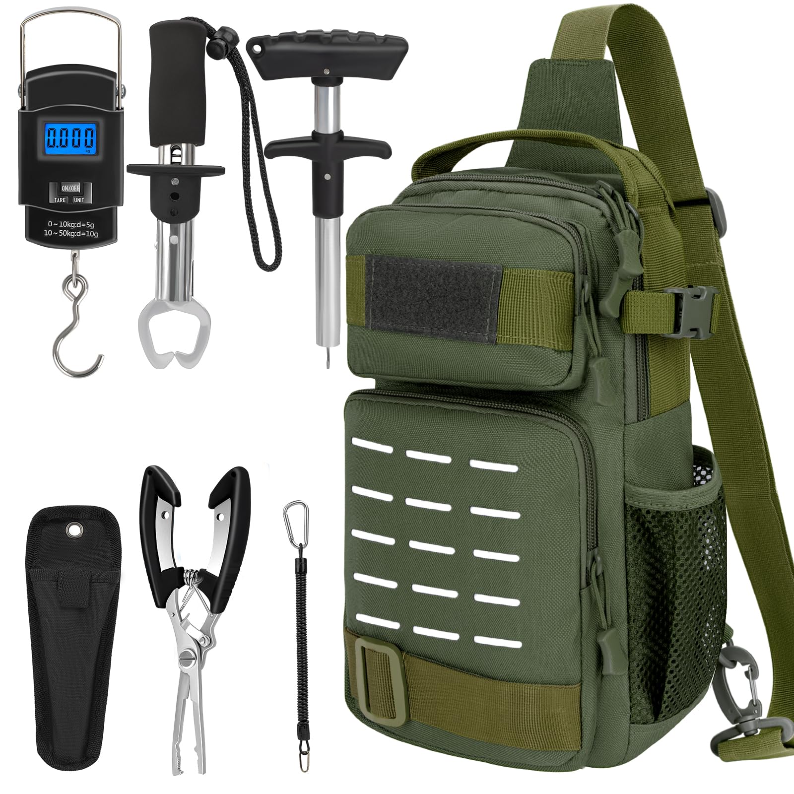 THKFISH 7 Pcs Fishing Tool Kit Tactical Fishing Sling Tackle Bag with Fishing Pliers Tackle Kits Fish Hook Remover Tools Fish Plier with Sheath and Tool Lanyards Digital Fishing Weight Scale