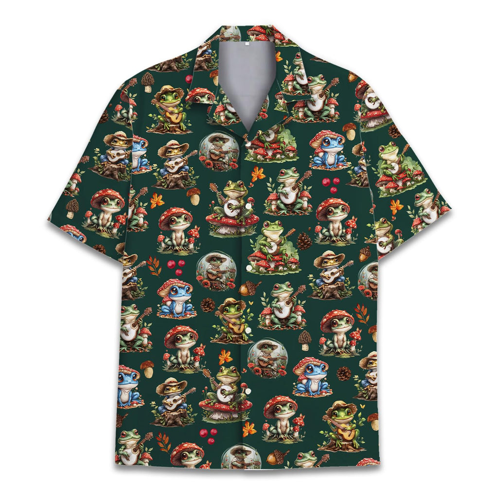 Frog and Mushroom Hawaiian Shirts for Women Men Frog Playing Banjo Shirt Mushroom Button Up Holiday Beach Shirt
