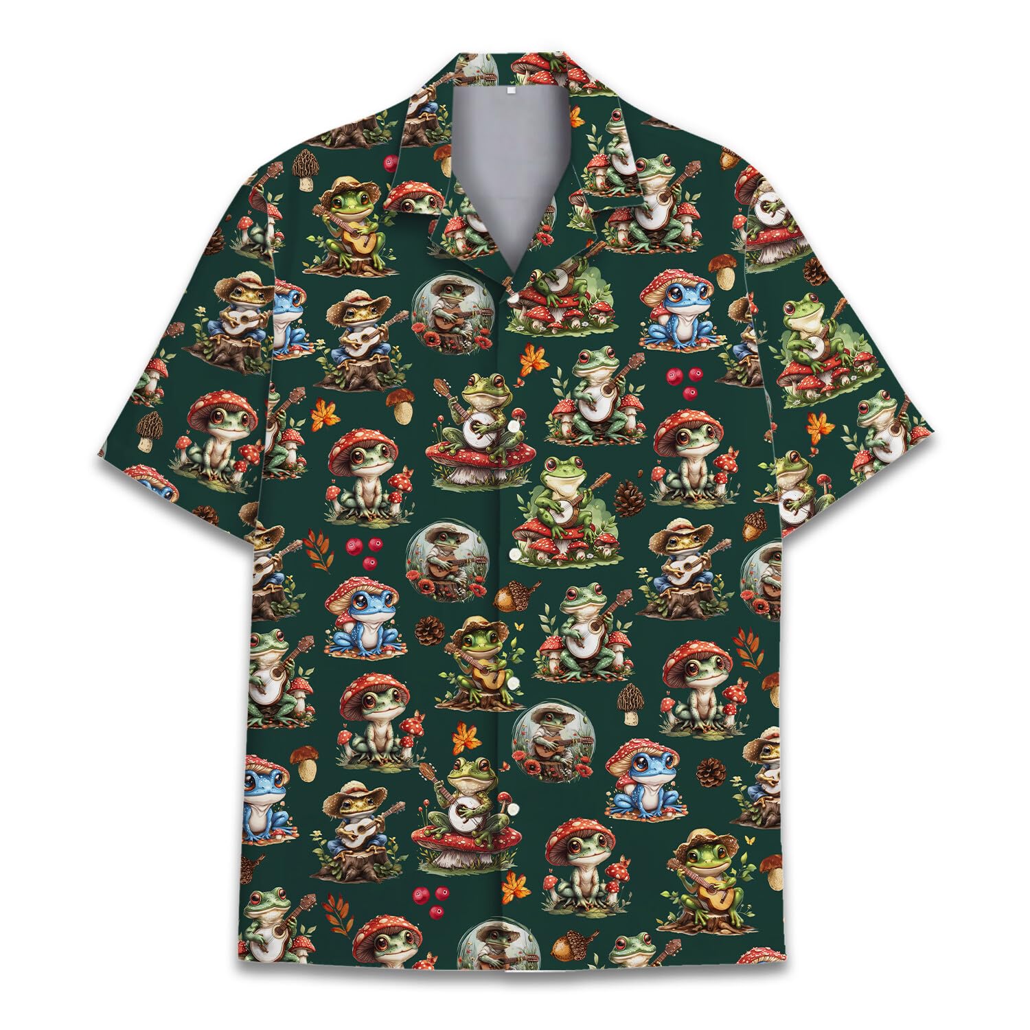 Frog and Mushroom Hawaiian Shirts for Women Men Frog Playing Banjo Shirt Mushroom Button Up Holiday Beach Shirt