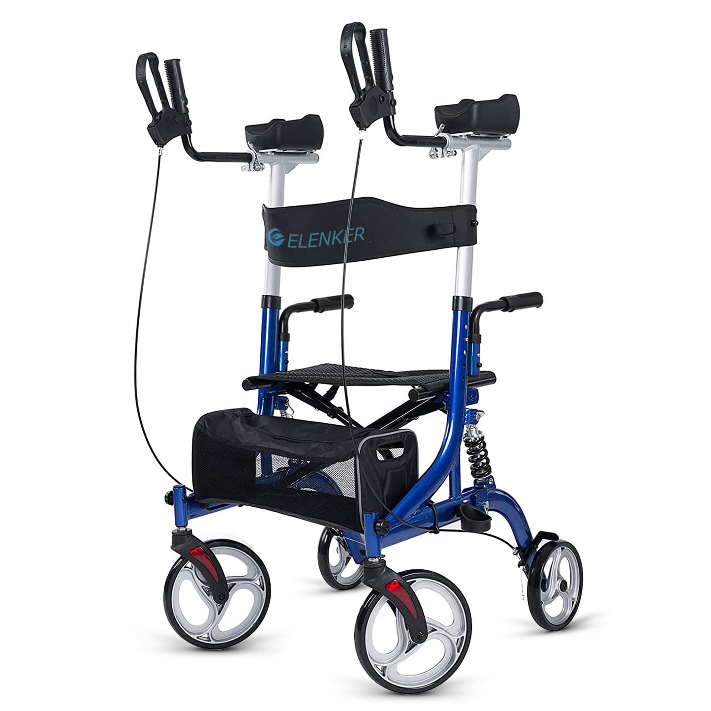 ELENKER Upright Rollator Walker Stand Up Rollator Walker with Shock Absorber 10” Front Wheels and Carrying Pouch Suitable for Outdoor Blue