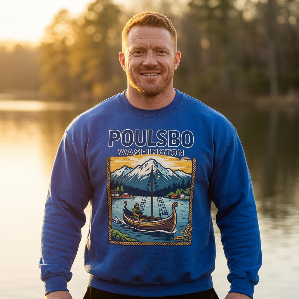Poulsbo Scenic Crewneck Sweatshirt — Viking Boat & Mountain Graphic