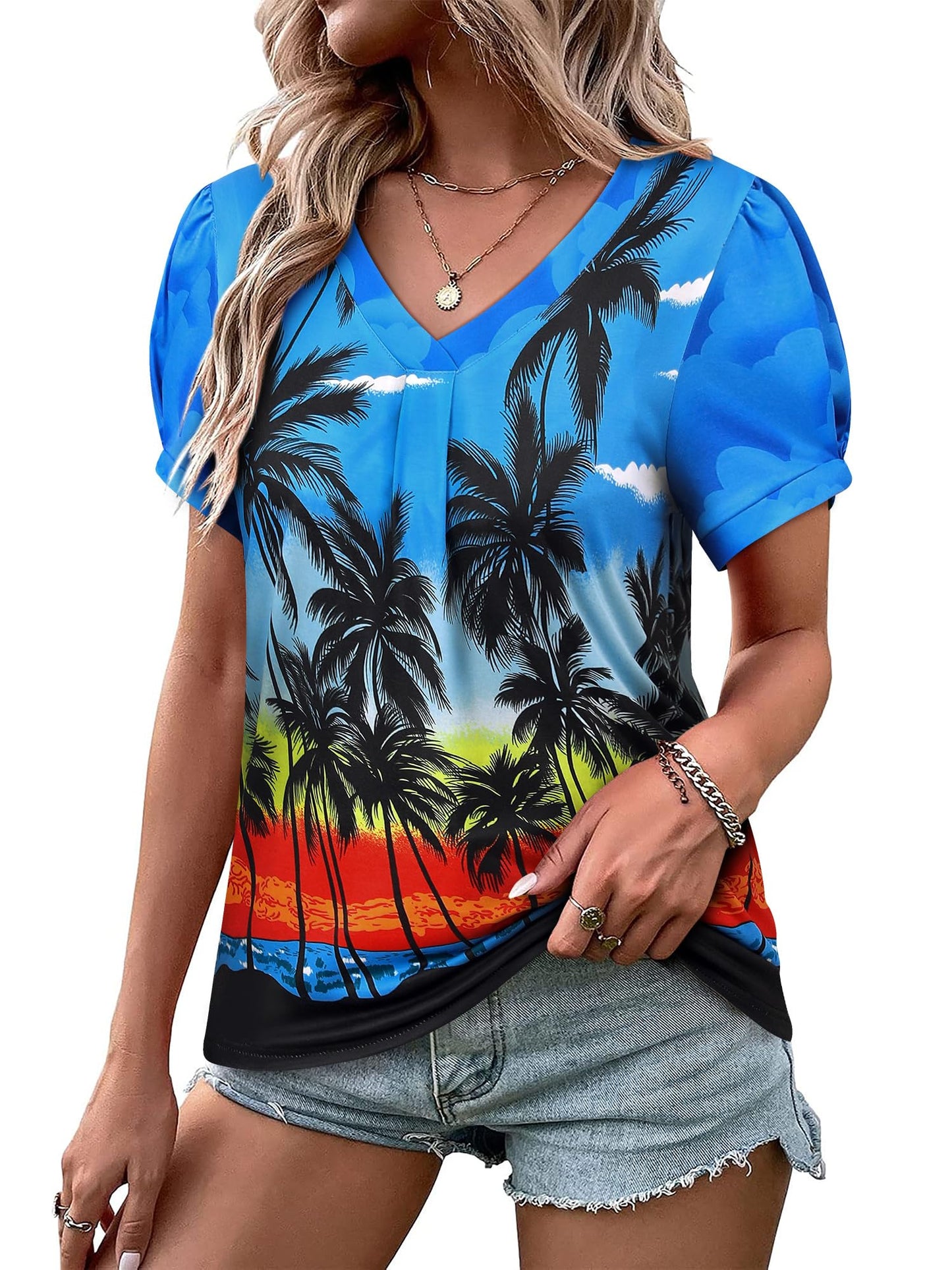Womens Puff Short Sleeve Hawaiian Shirts Floral Tropic Printed Pleated V Neck Summer Casual T-Shirt Trendy Boho Blouses Tops Royal Blue 2XL