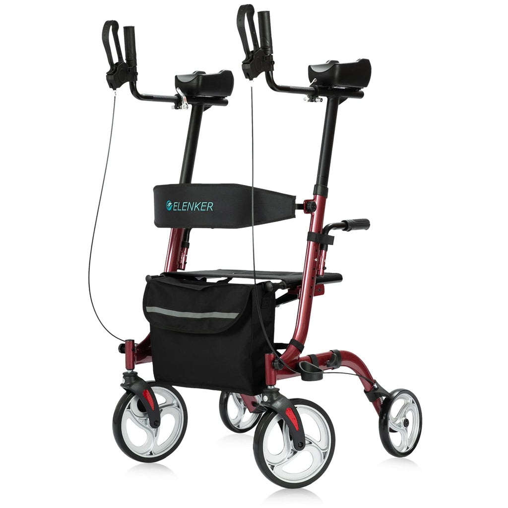 ELENKER Upright Folding Rolling Walker with Seat & Padded Armrests — Red