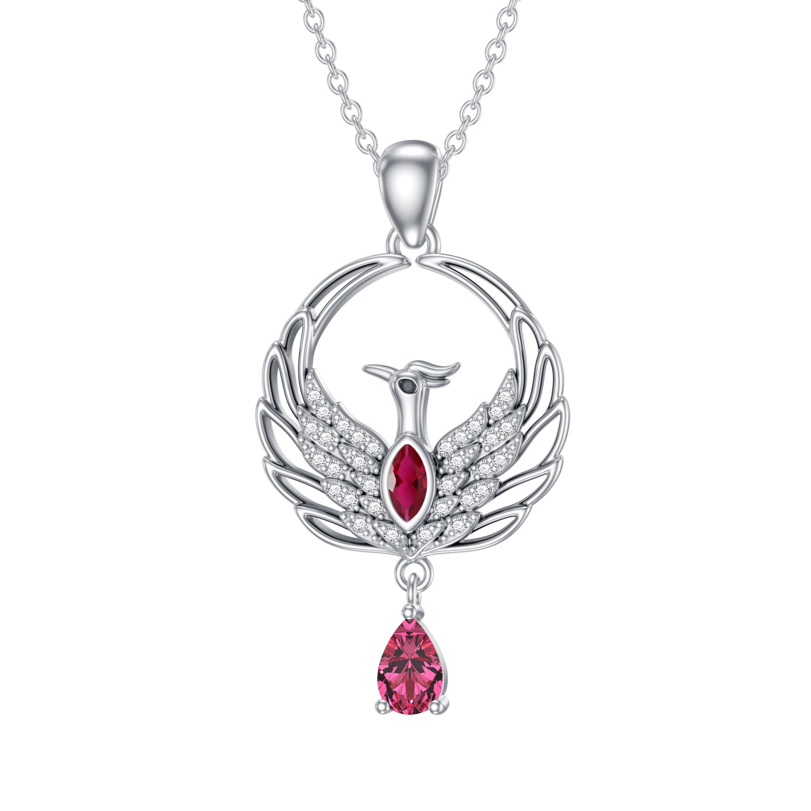 Phoenix Birthstone Necklace — July Ruby | Rebirth Pendant Gift for Women